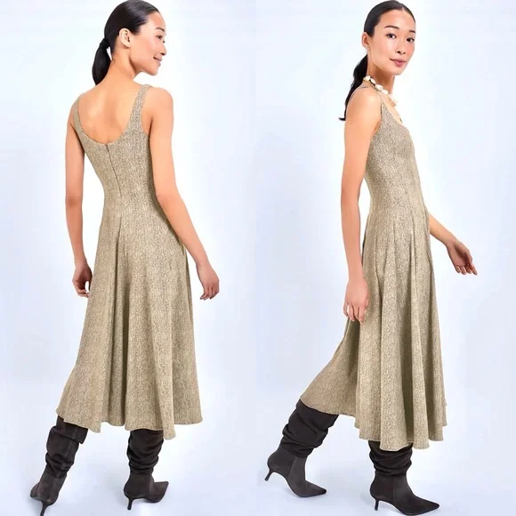 🌺🎉HP🎉🌺 NWT Staud Wells Midi Dress Mocha Herringbone - Picture 7 of 16